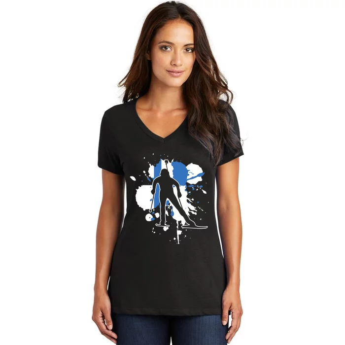 Finland Flag Biathlonist Finnish Biathlon Women's V-Neck T-Shirt