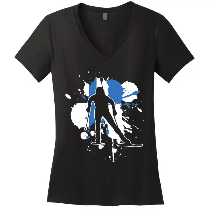 Finland Flag Biathlonist Finnish Biathlon Women's V-Neck T-Shirt