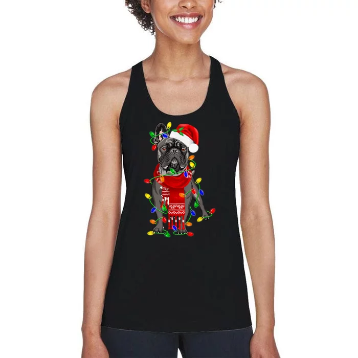 Funny French Bulldog Dog Tree Christmas Lights Xmas Pajama Women's Racerback Tank