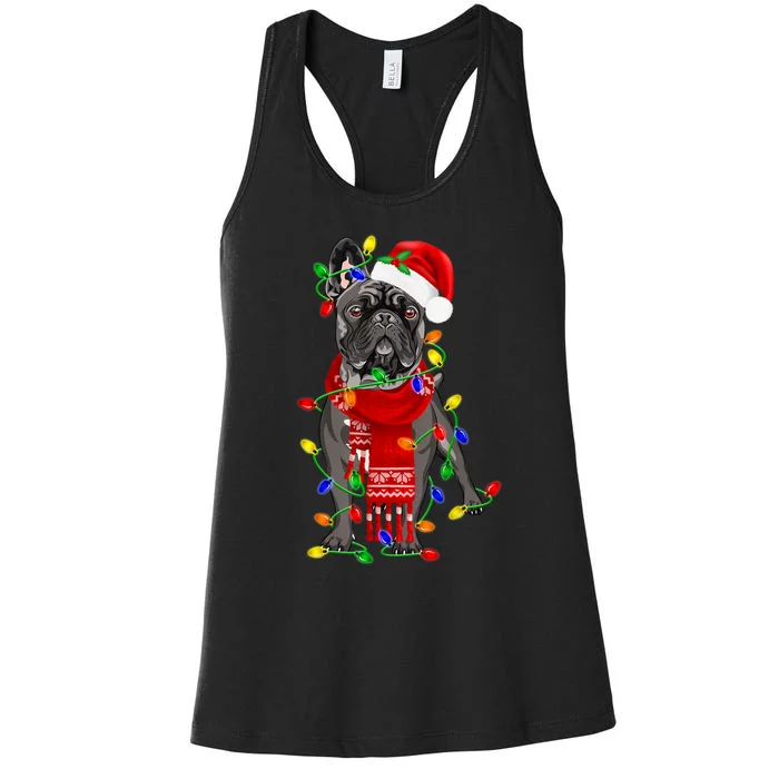 Funny French Bulldog Dog Tree Christmas Lights Xmas Pajama Women's Racerback Tank