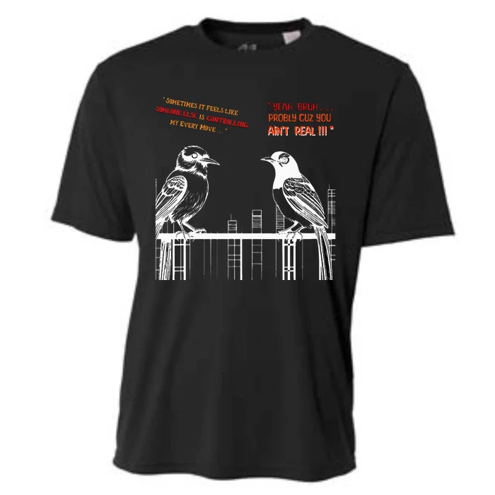 FUNNY FAKE BIRDS ON A WIRE DESIGN LINE ART COMICAL Cooling Performance Crew T-Shirt