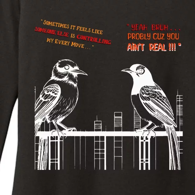 FUNNY FAKE BIRDS ON A WIRE DESIGN LINE ART COMICAL Womens CVC Long Sleeve Shirt