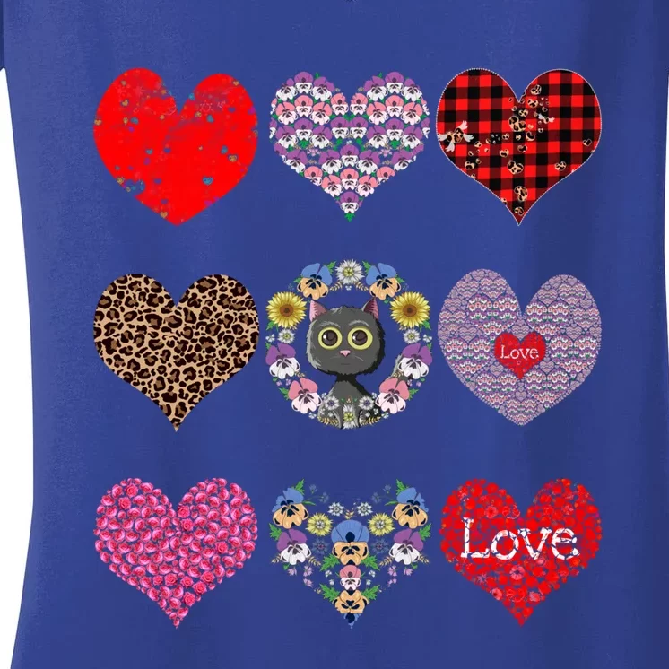 Funny Floral Black Cat Hearts Pattern Cat Mom Valentines Day Great Gift Women's V-Neck T-Shirt