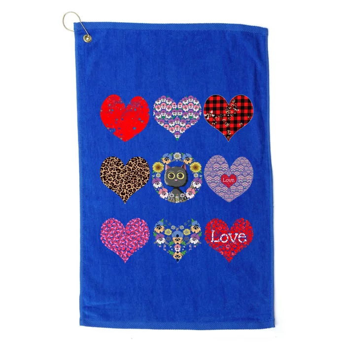 Funny Floral Black Cat Hearts Pattern Cat Mom Valentines Day Great Gift Platinum Collection Golf Towel