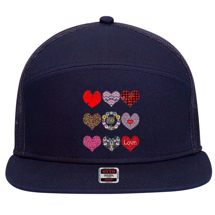 Funny Floral Black Cat Hearts Pattern Cat Mom Valentines Day Gift 7 Panel Mesh Trucker Snapback Hat