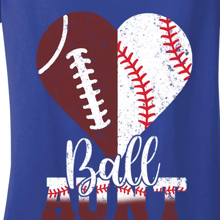 Funny Football Baseball Mothers Day Women Ball Aunt Heart Women's V-Neck T-Shirt