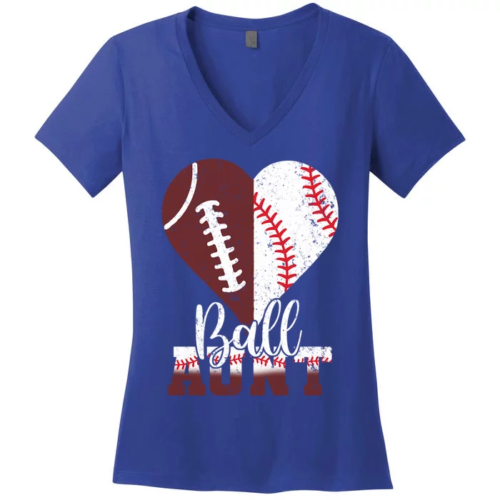 Funny Football Baseball Mothers Day Women Ball Aunt Heart Women's V-Neck T-Shirt