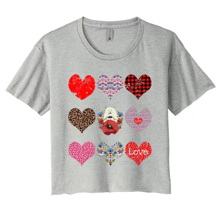 Funny Floral Cat Hearts Pattern Cute Cat Mom Valentines Day Gift Women's Crop Top Tee