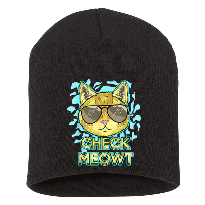 Funny Flirty Cat Pun Humor Cool Kitten Love Check Meowt Short Acrylic Beanie