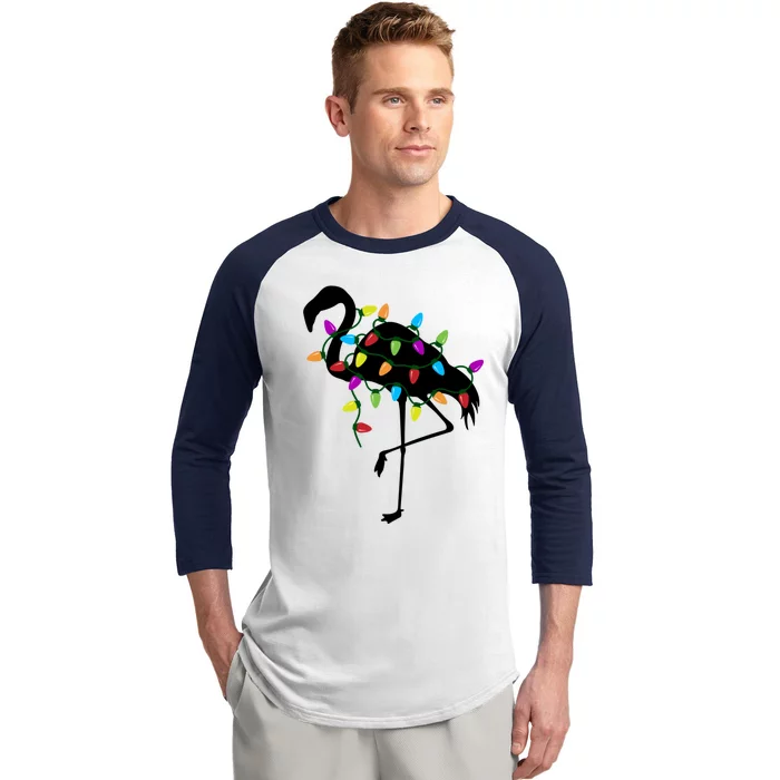 Funny Flamingo Christmas Holiday Tree Lights Baseball Sleeve Shirt