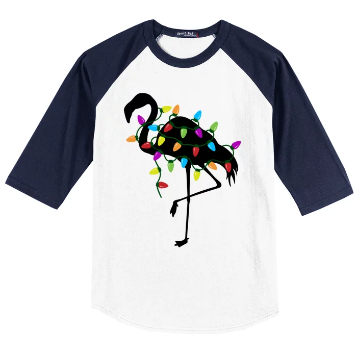 Funny Flamingo Christmas Holiday Tree Lights Baseball Sleeve Shirt