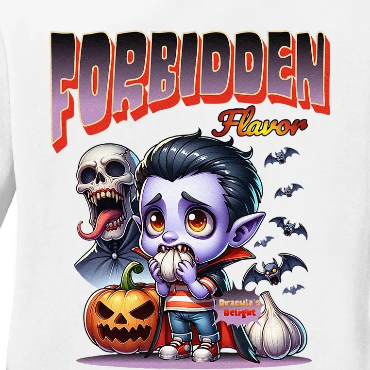 Forbidden Flavor Cute Dracula Halloween Garlic Theme Ladies Long Sleeve Shirt