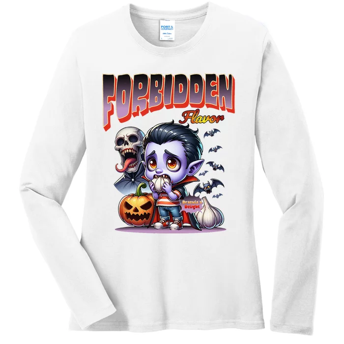 Forbidden Flavor Cute Dracula Halloween Garlic Theme Ladies Long Sleeve Shirt