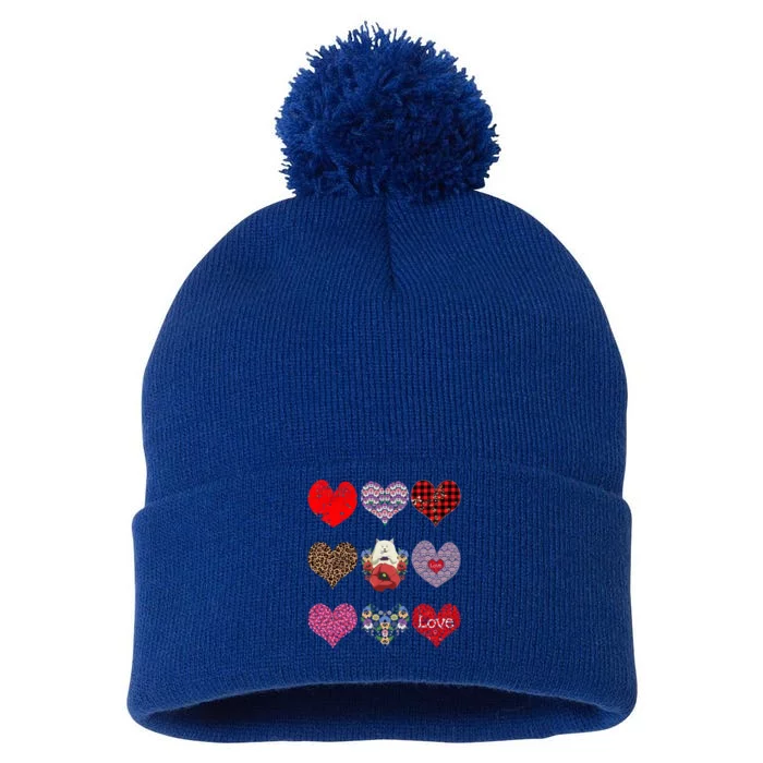 Funny Floral Cat Hearts Pattern Cute Cat Mom Valentines Day Gift Pom Pom 12in Knit Beanie