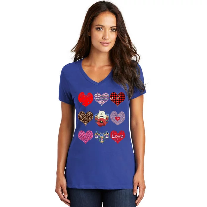 Funny Floral Cat Hearts Pattern Cute Cat Mom Valentines Day Gift Women's V-Neck T-Shirt