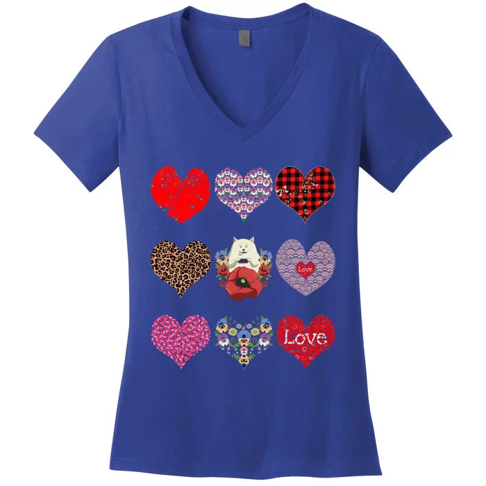 Funny Floral Cat Hearts Pattern Cute Cat Mom Valentines Day Gift Women's V-Neck T-Shirt