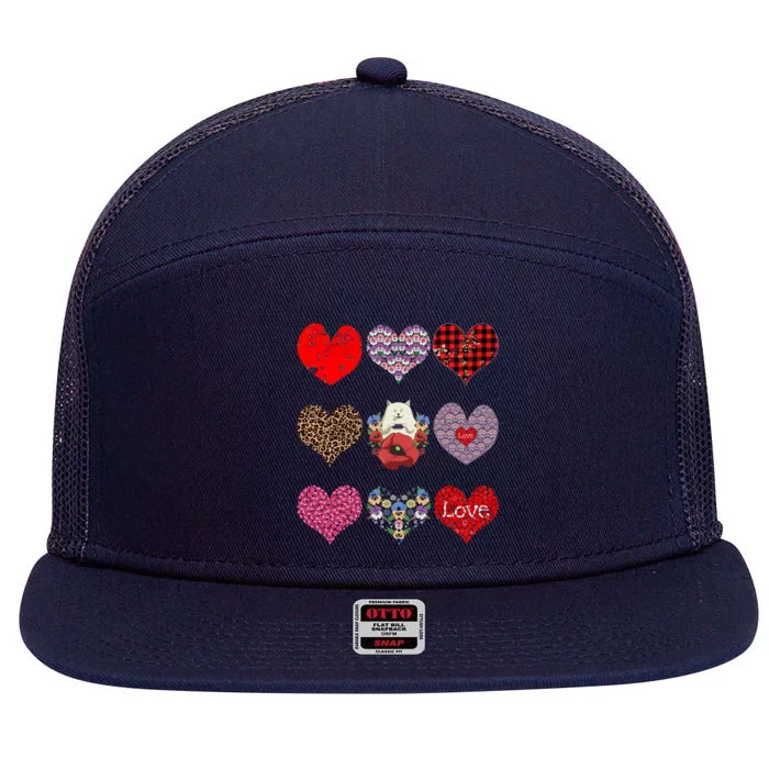 Funny Floral Cat Hearts Pattern Cute Cat Mom Valentines Day Gift 7 Panel Mesh Trucker Snapback Hat