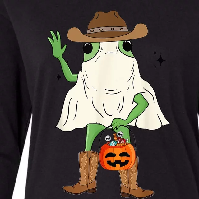 Funny Frog Cowboy Pumpkin Halloween Western Spooky Season Womens Cotton Relaxed Long Sleeve T-Shirt