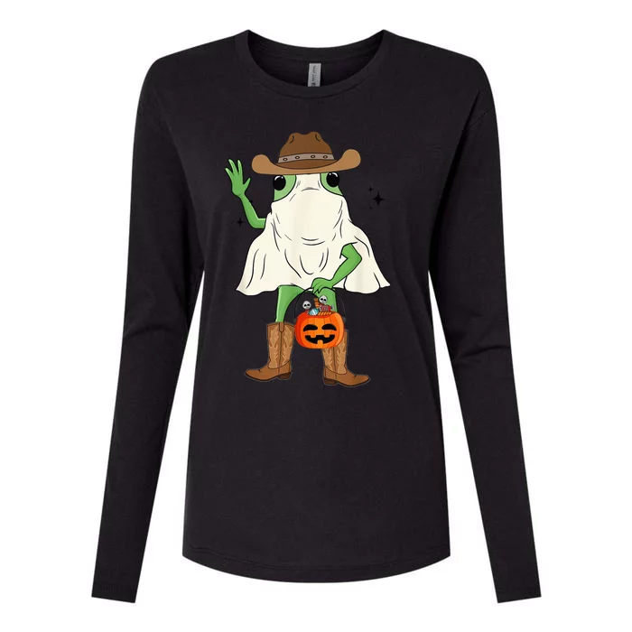 Funny Frog Cowboy Pumpkin Halloween Western Spooky Season Womens Cotton Relaxed Long Sleeve T-Shirt