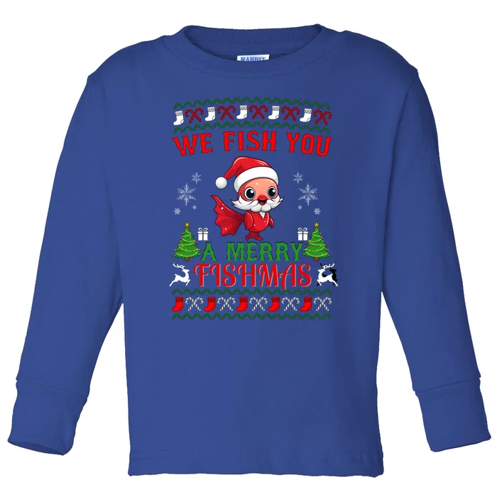 Fishing Funny Christmas Lights I Wish A Merry Fishmas Gift Toddler Long Sleeve Shirt