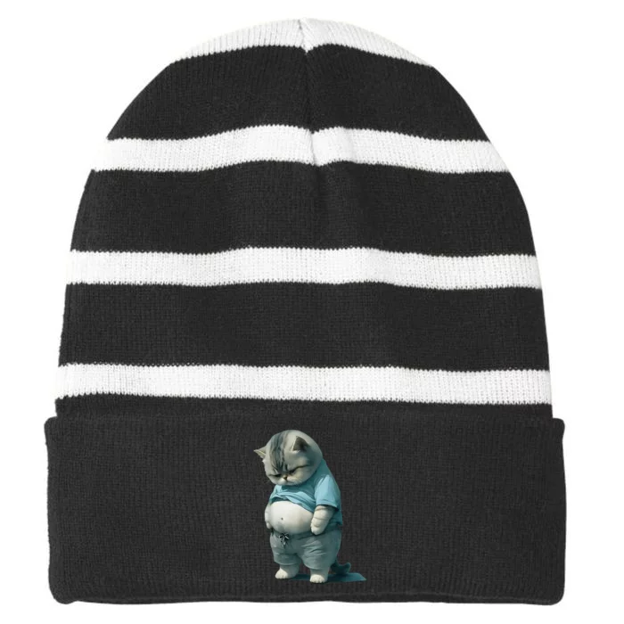 Funny Fat Cat Art Design Fat Kitten Cat Lover Striped Beanie with Solid Band