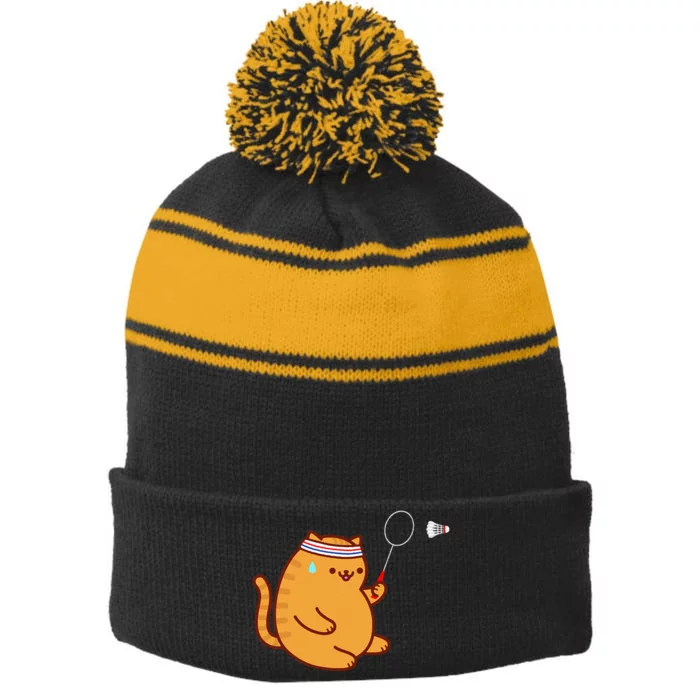 Funny Fat Cat Playing Badminton Stripe Pom Pom Beanie