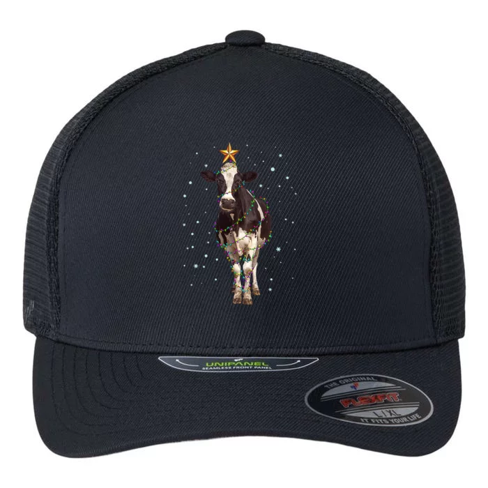 Funny Festive Christmas Lights Cow Flexfit Unipanel Trucker Cap