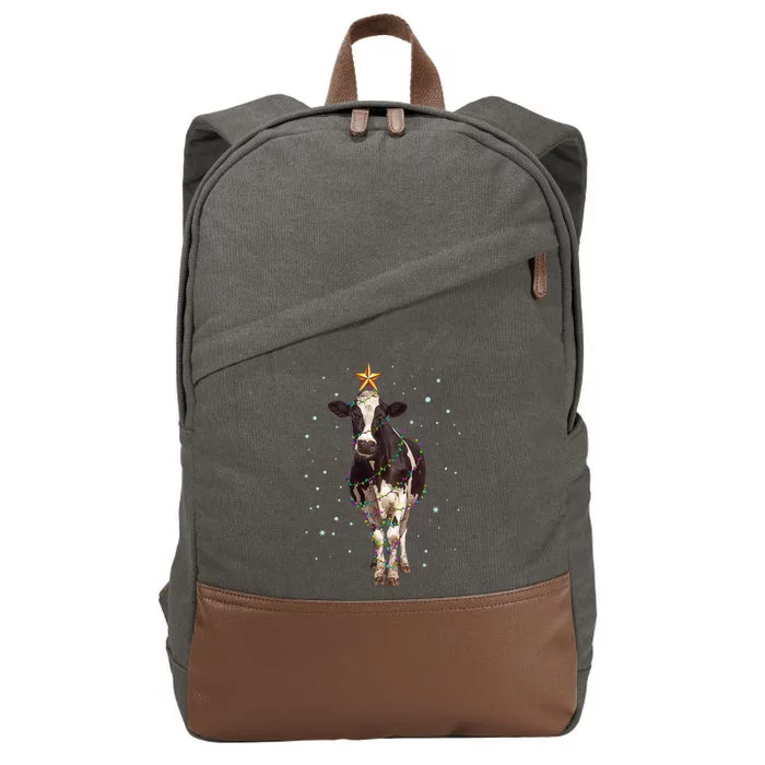 Funny Festive Christmas Lights Cow Cotton Canvas Backpack