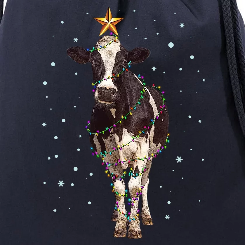 Funny Festive Christmas Lights Cow Drawstring Bag