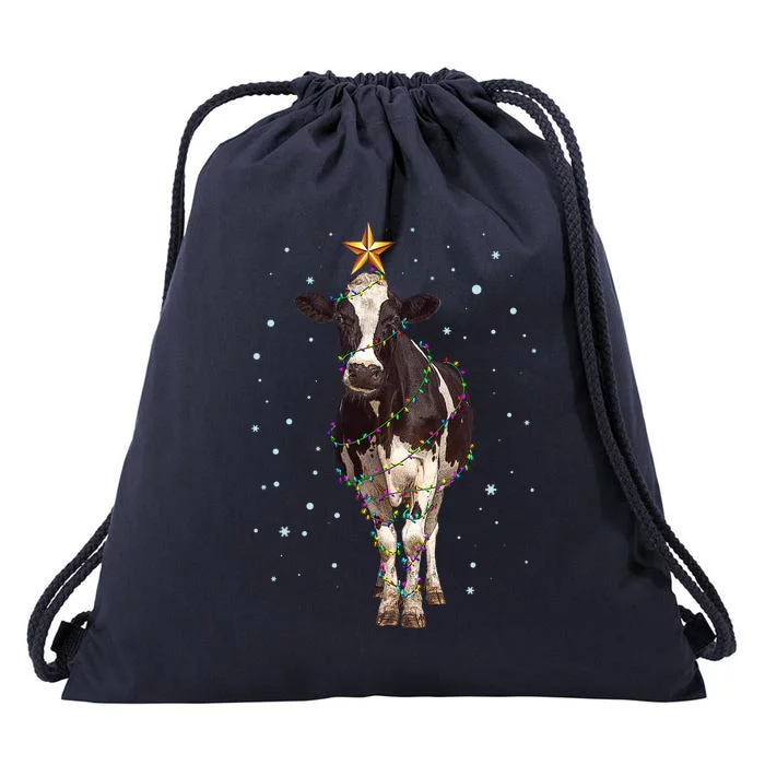 Funny Festive Christmas Lights Cow Drawstring Bag