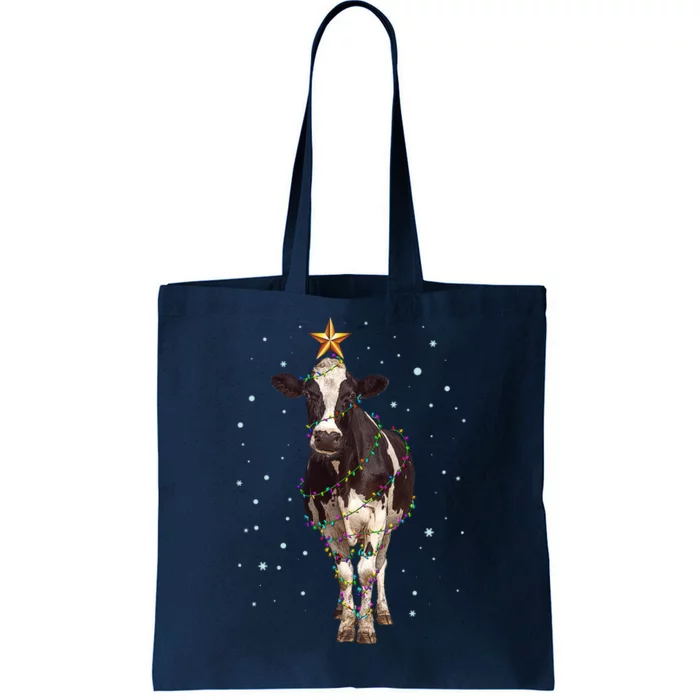 Funny Festive Christmas Lights Cow Tote Bag