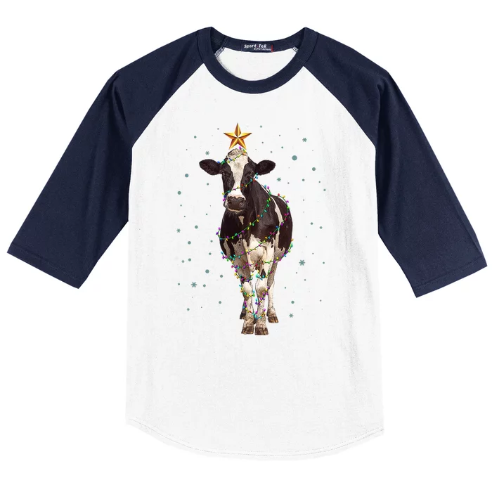 Funny Festive Christmas Lights Cow Baseball Sleeve Shirt