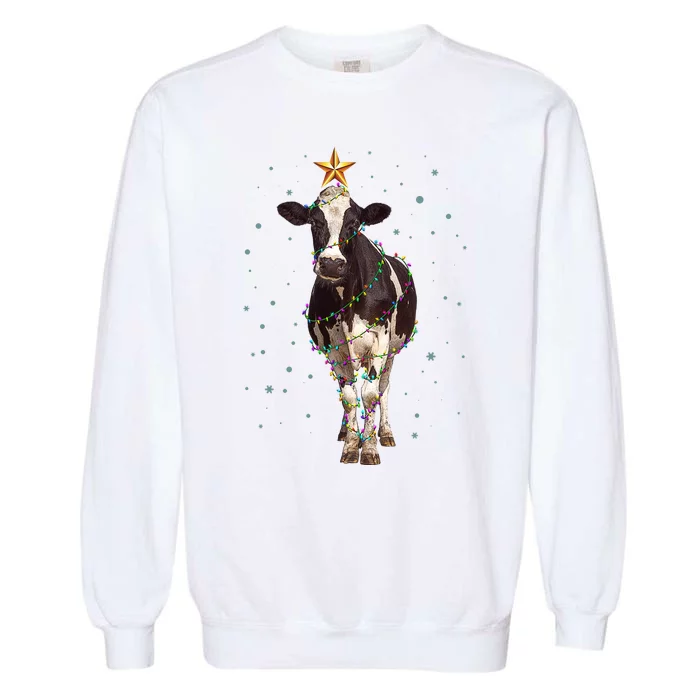 Funny Festive Christmas Lights Cow Garment-Dyed Sweatshirt