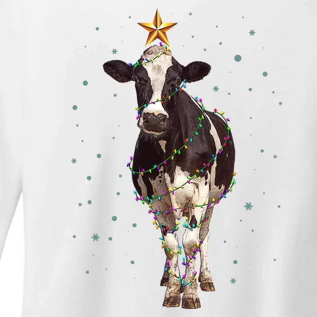 Funny Festive Christmas Lights Cow Womens CVC Long Sleeve Shirt