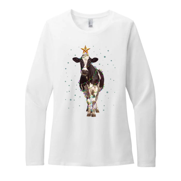 Funny Festive Christmas Lights Cow Womens CVC Long Sleeve Shirt