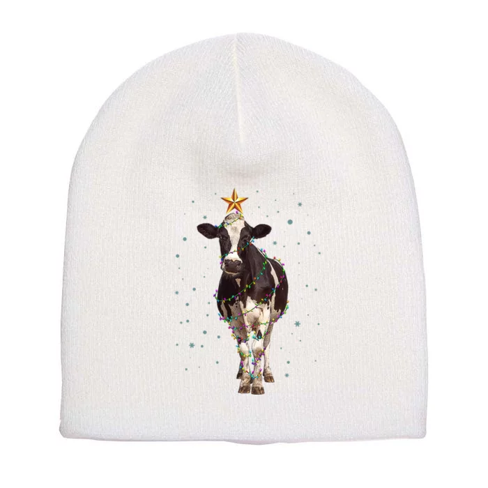 Funny Festive Christmas Lights Cow Short Acrylic Beanie