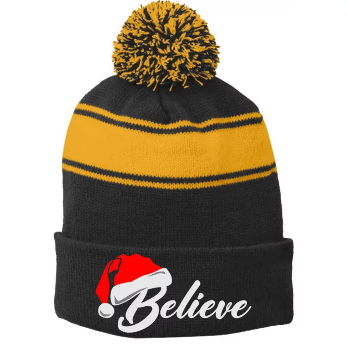 Funny Family Christmas Believe Santa Claus Cute Xmas Holiday Stripe Pom Pom Beanie