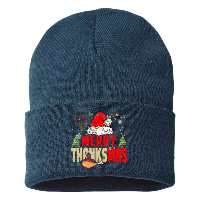 Funny Family Christmas Merry Thanksmas Cute Xmas Holiday Sustainable Knit Beanie