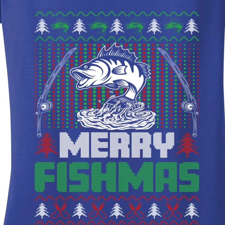 Funny Fishing Christmas Merry Fishmas Fishers Funny Gift Women's V-Neck T-Shirt