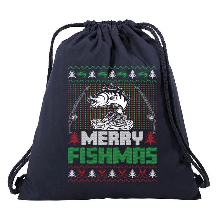 Funny Fishing Christmas Merry Fishmas Fishers Funny Gift Drawstring Bag