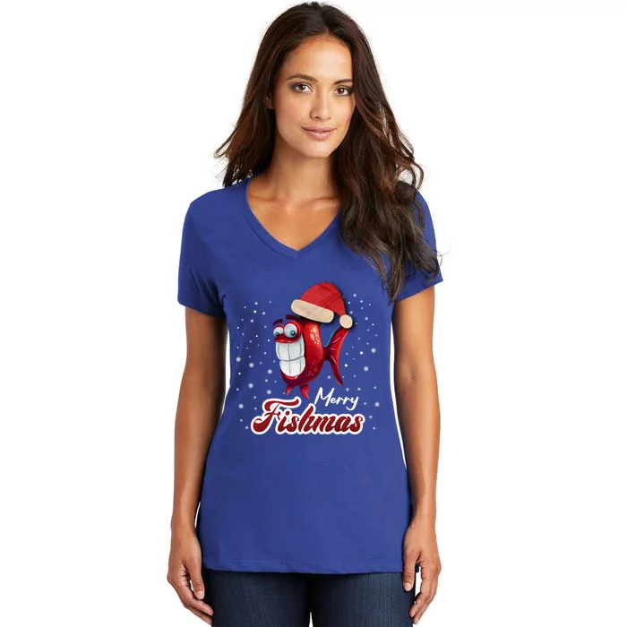 Funny Fishing Christmas Tree Merry Fishmas Gift Women's V-Neck T-Shirt