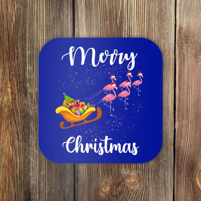 Funny Flamingo Christmas Pink Flamingos Sleigh Snow Santa Gift Coaster