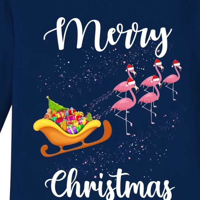 Funny Flamingo Christmas Pink Flamingos Sleigh Snow Santa Gift Baby Long Sleeve Bodysuit