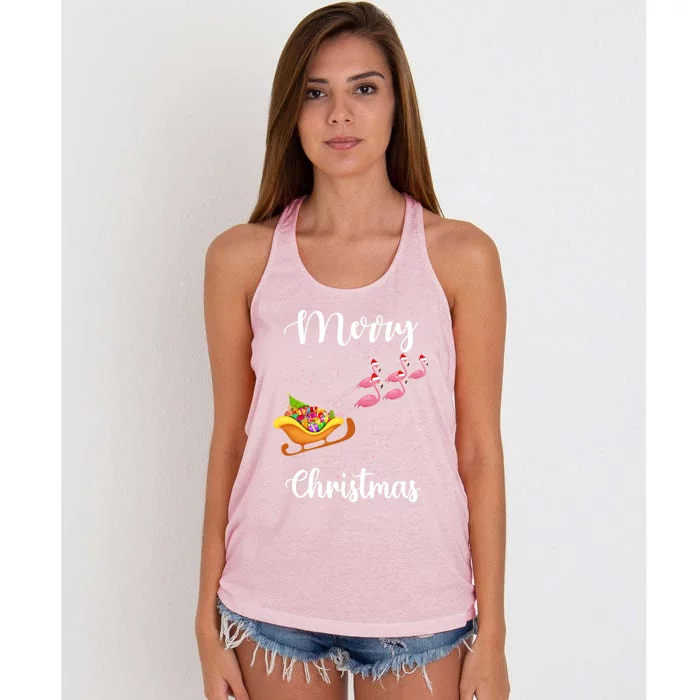 Funny Flamingo Christmas Pink Flamingos Sleigh Snow Santa Gift Women's Knotted Racerback Tank