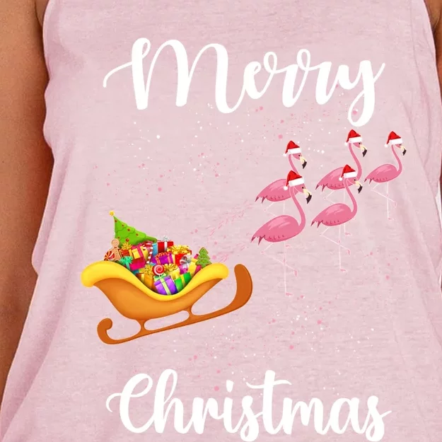 Funny Flamingo Christmas Pink Flamingos Sleigh Snow Santa Gift Women's Knotted Racerback Tank