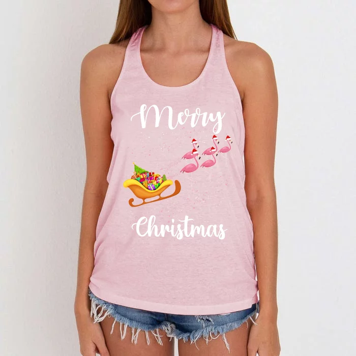 Funny Flamingo Christmas Pink Flamingos Sleigh Snow Santa Gift Women's Knotted Racerback Tank