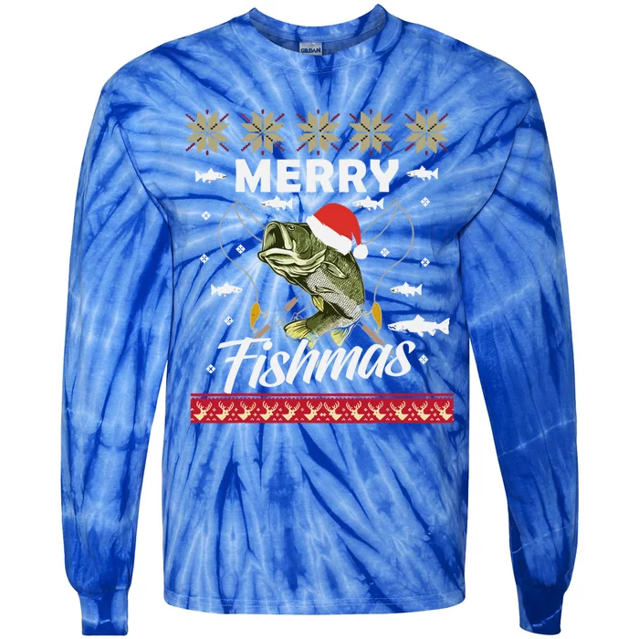 Funny Fishing Christmas Pajama Fishers Merry Fishmas Xmas Gift Tie-Dye Long Sleeve Shirt