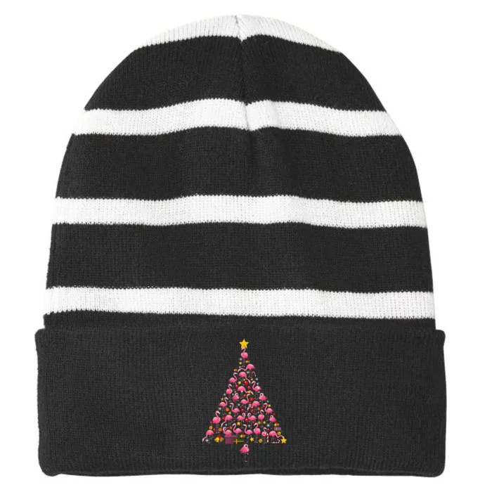 Funny Flamingo Christmas Tree Ornithologist Xmas Striped Beanie with Solid Band