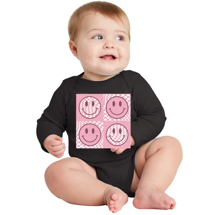 Funny Face Checkered Pattern Smile Face Meme Trendy Baby Long Sleeve Bodysuit