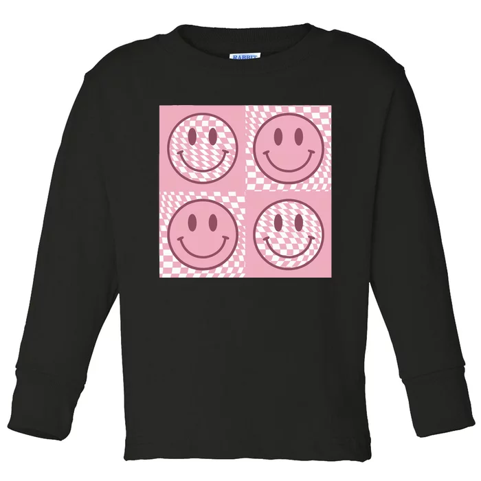 Funny Face Checkered Pattern Smile Face Meme Trendy Toddler Long Sleeve Shirt